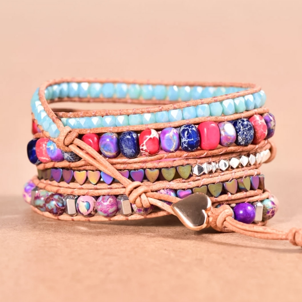 Jasper Gemstone Leather Wrap Beaded Bracelet | Handmade Beaded Wrap Bracelet - Picture 3 of 9
